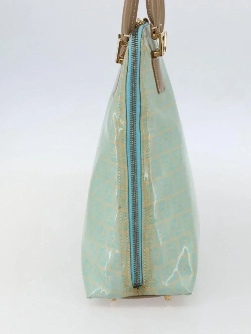 FENDI Zucchino Canvas Hand Bag Enamel Light Blue Gold Auth 159738 - Picture 5 of 16